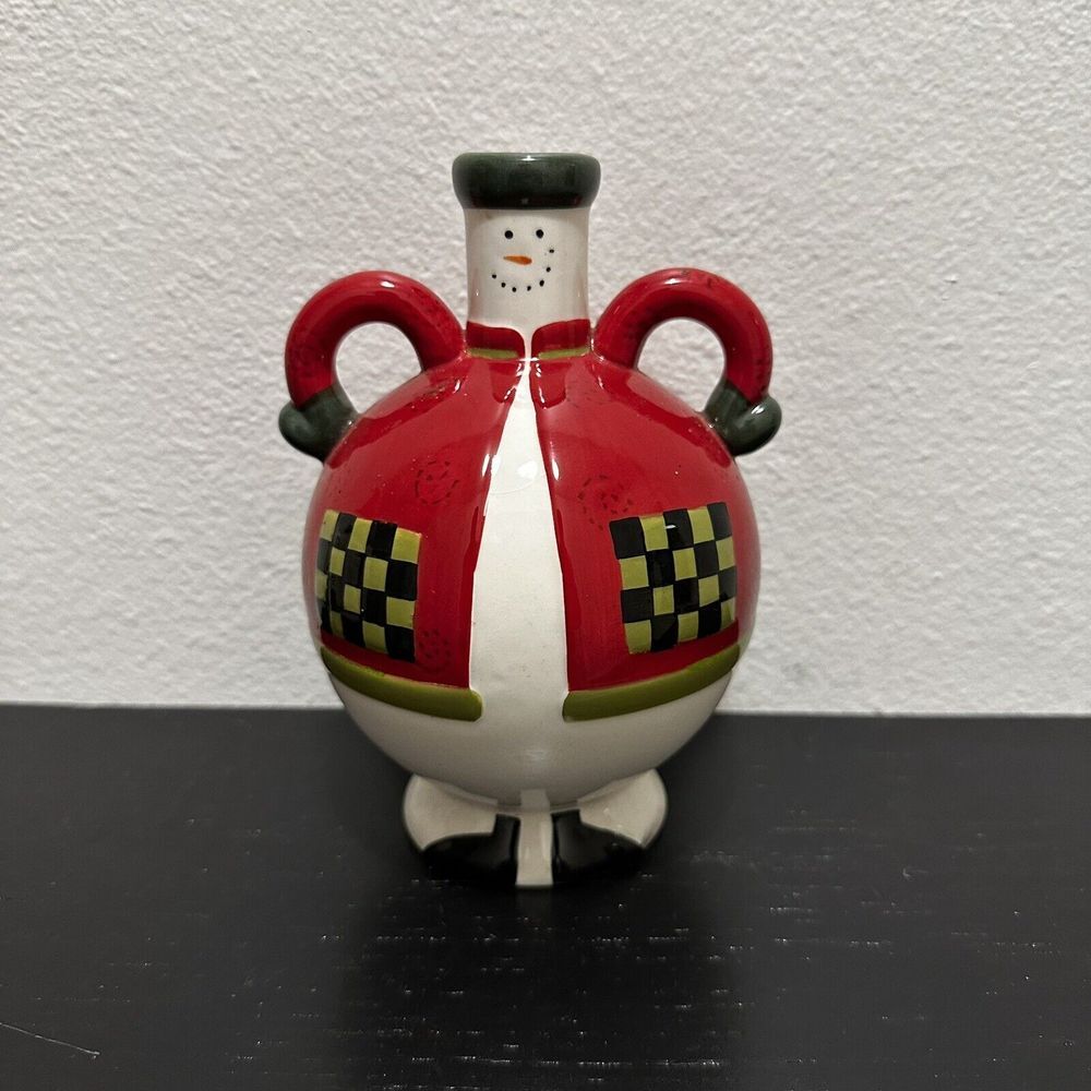 Debbie Mumm 03 Boston Warehouse Snowman Ceramic Pitcher Vase Red Green Checkered